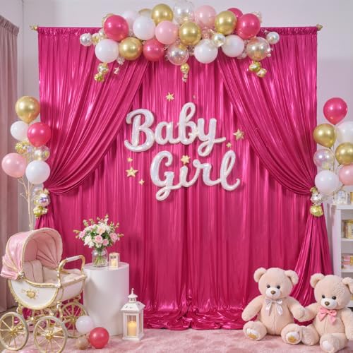 10x10ft Hot Pink Backdrop Curtains Wedding Party Glitter Sequin Curtain Backdrop Fabric Shimmer Drapes Backdrop Bridal Baby Shower Birthday Christmas Photoshoot Background Photography 5x10FT，2 Panels by Little Funny - Used condition - Image 2