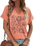 V Neck Shirts Women Sands Beach Shirt Teen Girl Vacation Shirt Sea Shell Print Summer Marine Animal Tops Tee (SHE01ORANGE,X-Large)
