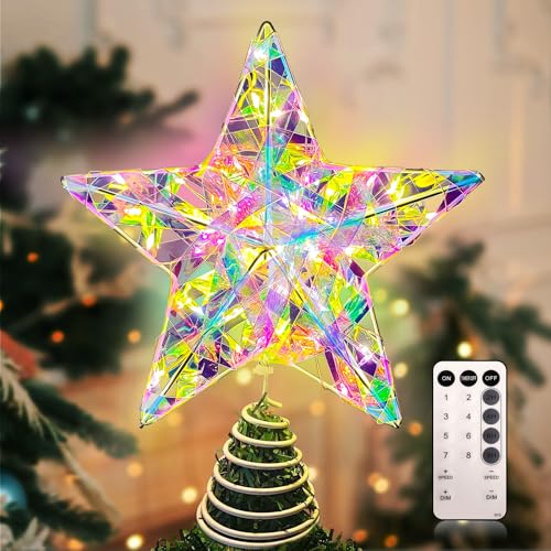 Christmas Tree Topper, LED Star Tree Topper with Remote Control, 8 Lighting Modes, Lighted Tree Topper for Christmas Home Party Decor