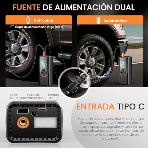 Compresor Aire Portátil 8000mAh, 150PSI Inflador Ruedas Coche, Inflador Eléctrico con Doble Alimentación Recargable, Pantalla Digital y Luz LED, Apagado Automático, para Coche, Moto, Bicicleta, Pelota - imagen 5