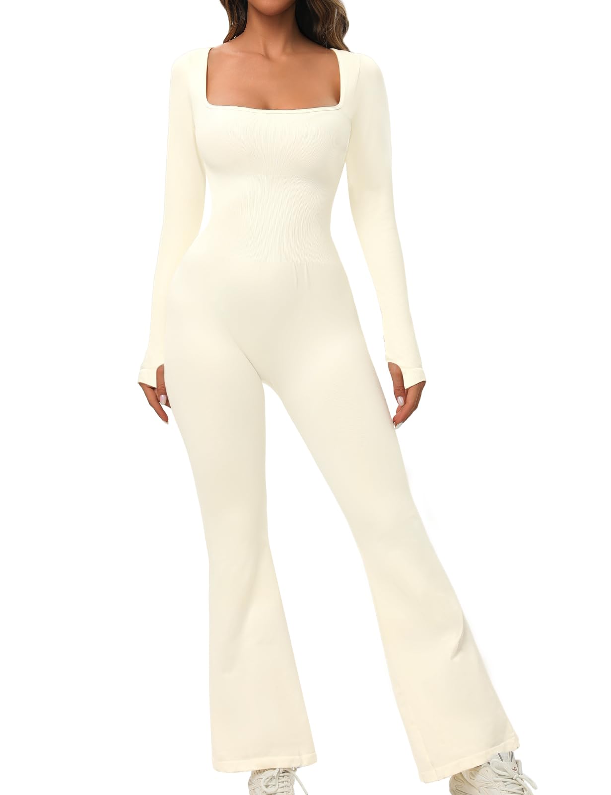 Yuson Girl Mono de Deportivo Mujer Manga Larga Mono de Yoga Una Pieza Color Sólido Yoga Jumpsuit Elásticos Body Overol Cuello Cuadrado Mono Romper para Gimnasio Entrenamiento Danza