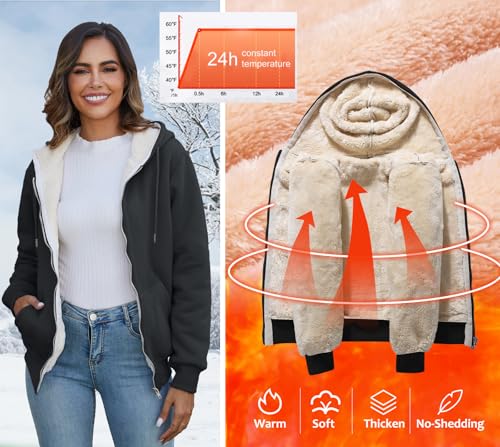 Image of Flygo Womens Casual Winter Warm Sherpa Lined Full Zip Up Hoodie Sweatshirt Jacket