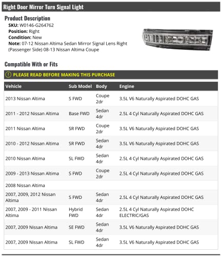 Marketplace Auto Parts Right Passenger Side Door Mirror Turn Signal Light - Compatible with 2007-2013 Nissan Altima W0146-G264762