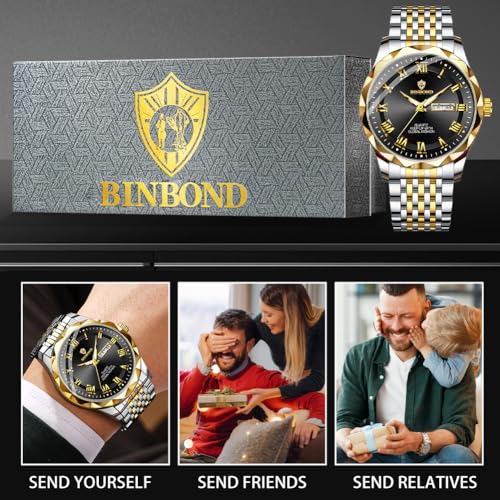 Image of BINBOND Men's Watch Luxury Business Dress Analog Quartz Stainless Steel Casual Date Wrist Watches for Men Easy Read Roman Numeral Large Dial Waterproof Luminous