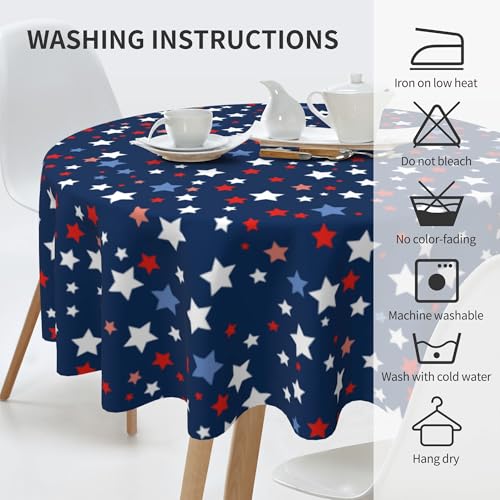 Image of Memorial Day Patriotic Round Tablecloth 60 Inch Independence Day Liberty Star Waterproof Heat Resistant Reusable Table Cloth July 4th Decorations Table Cover for Holiday Kitchen Dinning Party Decor