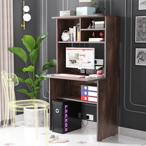 Image of Studio Kook Jade Study Computer Table with Shelves, Junglewood | Engineered wood, 81.9x45x152 cm, 77.9x58.3 cm desk top at 76 cm, hutch shelves, cable outlet. Chair not included