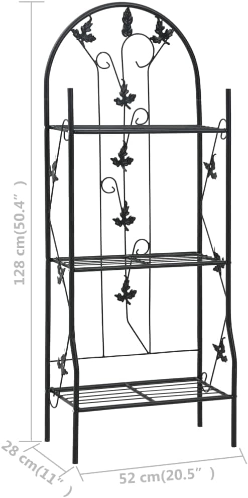 3-Tier Plant Rack, Black Powder-Coated Iron, Medium Decorative Leaf Inlays, 11x20.5x50.4 Inch, Indoor Outdoor Flower Pot Display Shelf for Balcony, Patio, Garden
