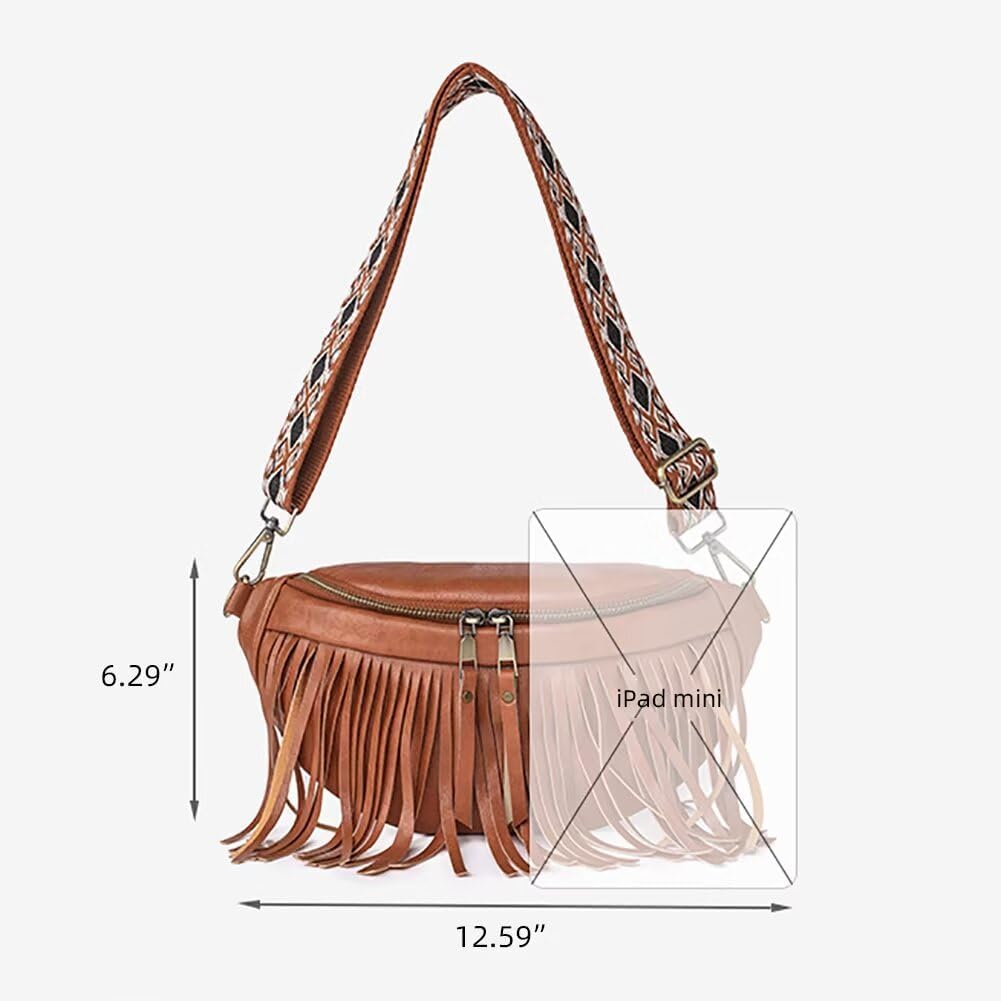 Sling Crossbody Bag for Women Vintage Hobo Bag Leather Chest Bag Fringe Shoulder Handbag Fanny Pack with Guitar Strap - Image 6