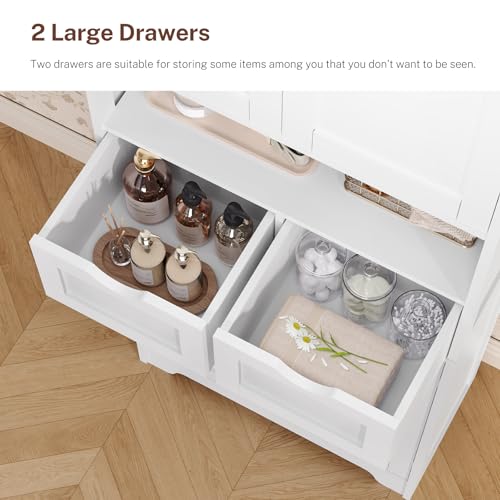 Image of TEENFON 57.8 inch H Tall Bathroom Storage Cabinet with 4 Doors & 2 Adjustable Shelves, Freestanding Bathroom Cabinet with 2 Drawers, Kitchen Cabinets & Pantry, Cupboard for Kitchen, Dining Room, White