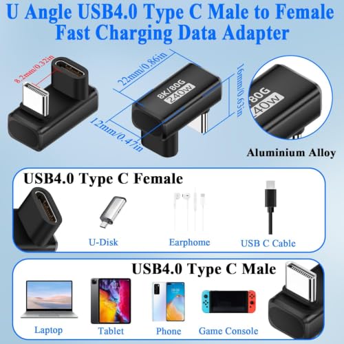Image of Tobo PD240W USB4.0 C Fast Charging U Shaped Connector 80Gbps USB Type C Male to Female 180Angle Data Adapter USB C Full Featured U Angle Converter, 8K UHD, for Smartphone Tablet Steam Deck,
