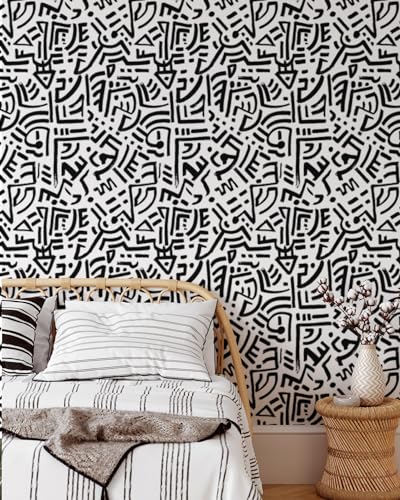 Coloritto Black Ethnic Wallpaper | Removable Self Adhesive Geometrical Wallpaper | Black and White Wallpaper| Black Graphic Wallpaper (1 roll 24" W x 60" H)