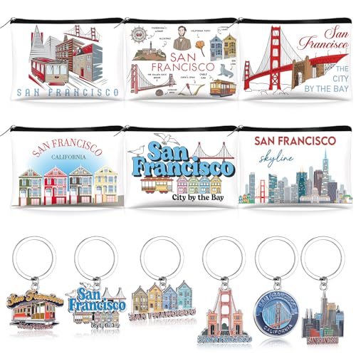 Landical 6 Sets San Francisco Souvenir Gifts Include 6 Pcs San Francisco Cosmetic Bag and 6 Pcs Metal Keychain for Women Traveler Christmas Gifts
