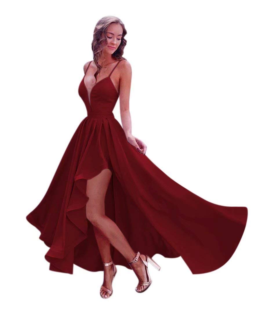 Andybridal Sexy High Low V Neck Satin with Sleeves Open Back Plum Bridesmaid Dress Burgundy 6