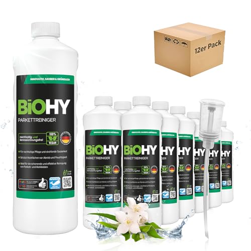 BiOHY Parkettreiniger (12 x 1 Liter) + Dosierer | Konzentrat für versiegeltes & geöltes Parkett | materialschonend & schmutzlösend | für eine streifenfreie Reinigung | 2 in 1 Pflege & Reinigungsmittel