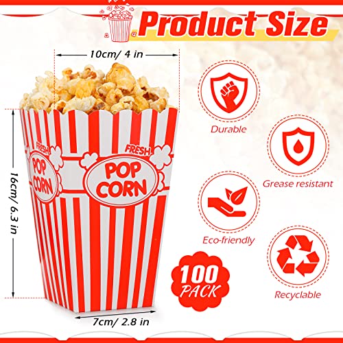 Image of Xinnun 100 Pcs Popcorn Boxes 32oz Classic Stripe Paper Buckets Disposable Oil Proof Popcorn Container Retro Open Top Box for Movie Night Supplies Theaters Carnival Birthday Party(Red and White)