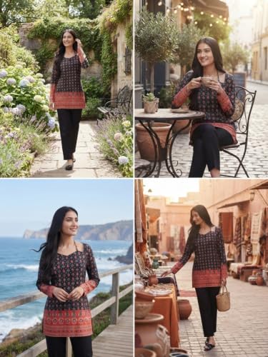 Image of GRECIILOOKS Short Kurti for Women - Printed Modern Tunic Top | Long Ethnic Wester Tops for Woman| Full Sleeve Indo Western Tunic | Comfortable Rich Kurti Tops for Office and Casual
