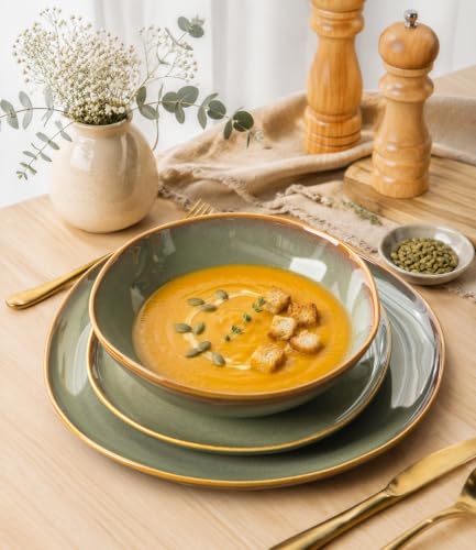 Image of Ceramic Dinnerware Set for 4, 12-Piece Plates and Bowls Set | Handmade Reactive Glaze Dish Set, Scratch Resistant, Oven & Microwave & Dishwasher Safe, Sage Umber