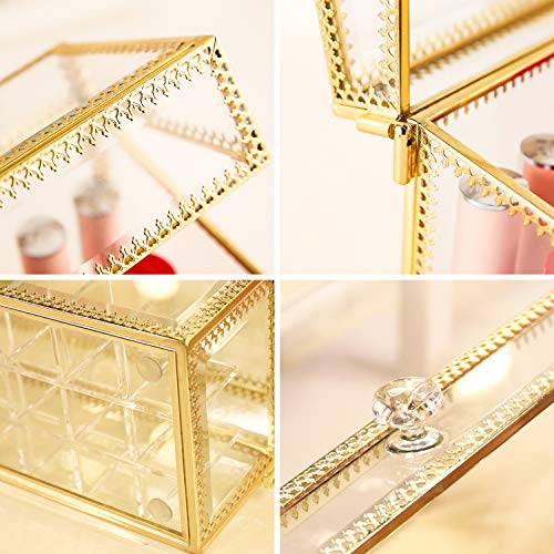 Putwo Lipstick Organizer 24 Slots Handmade Glass & Brass Lipstick Holder With Lid Lip Dustproof Gloss Organizer Vintage Transparent Lip Gloss Display Decoration For Dresser Countertop #TOP1