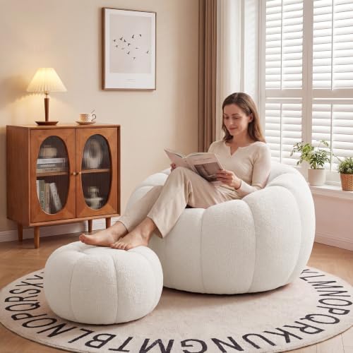 Soft Velvet Cotton Pumpkin Bean Bag Chair with Matching Footstool, High Density Filling Ergonomic Oversized Lazy Sofa, Comfy Floor Accent Chair for Living Room Bedroom Balcony Reading Gaming - Image 8