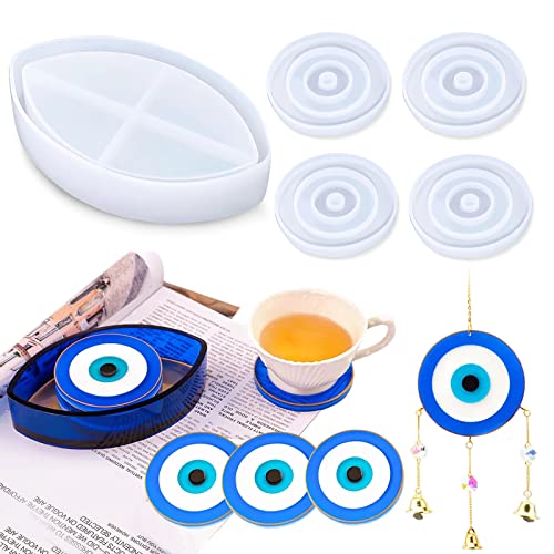 Evil Eye Coaster Resin Mold, ISSEVE 4Pcs Coaster Molds with 1Pc Coaster Storage Box Molds, Silicone Mold Resin for Coaster Home Decoration, DIY Resin Epoxy Casting Craft
