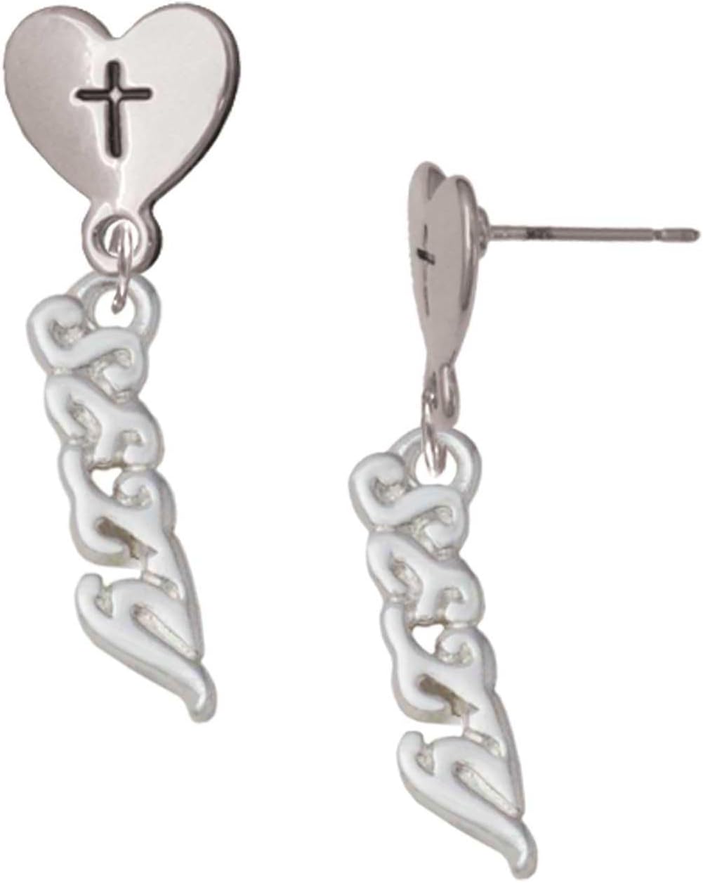 Delight Jewelry Silvertone Small Sexy Script Cross in Heart Post Dangle Earrings