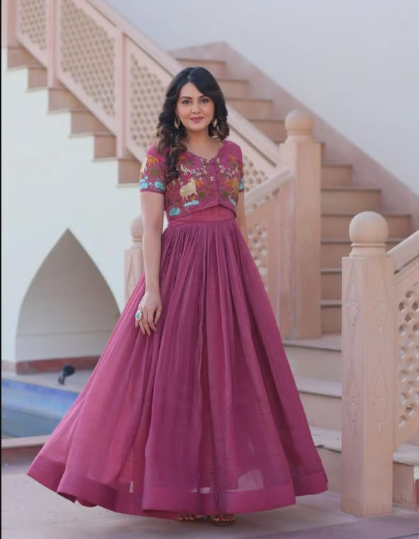 Silver Crunchy Embroidered Koti Gown Set, Fancy Round Neck, Sleeveless Gown with Short Sleeve Koti, M L XL XXL, Green and Pink