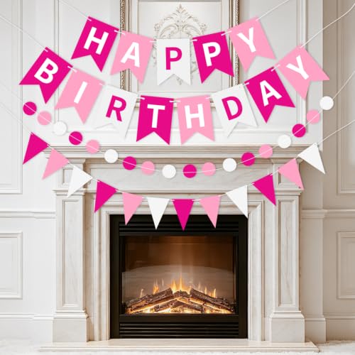 Image of Pink White Happy Birthday Banner Hanging Sign Circle Dot Triangle Bunting