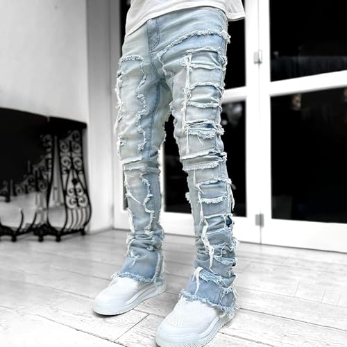 Stretch Stacked Jeans Mens Slim Fit Ripped Patchwork Frayed Straight Leg Denim Pants Distressed Skinny Flared Trousers4