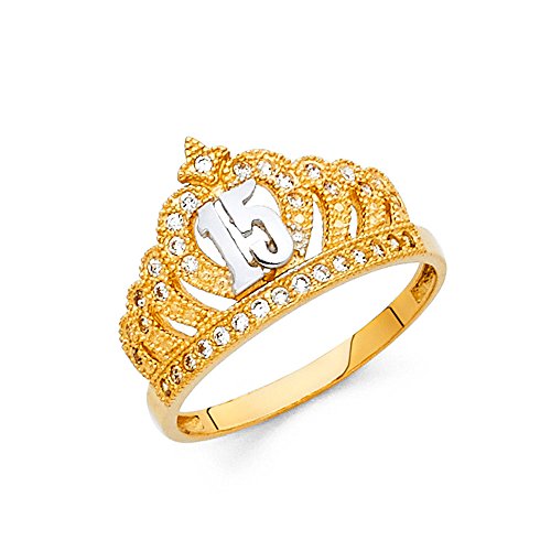 14k Two Tone/White Gold SOLID Sweet 15 Years Birthday CZ Crown Quinceanera Ring