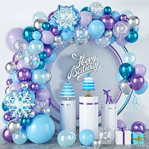 Snowflake Balloon Garland Arch Kit 94Pcs Frozen Birthday Party Decorations Metallic Blue Purple Silver Snowflake Foil Balloon for Winter Wonderland, Christmas, Holiday, Baby Shower, Snow Princess Girl Cover