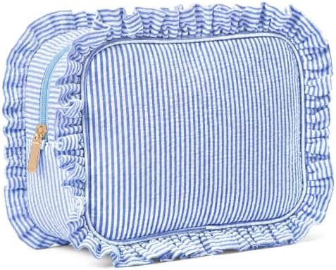 Sanwuta Seersucker Ruffle makeup bag Seersucker Cosmetic Bags Large Stripe Women Pouch Large Preppy Storage Pouch Toiletry Travel Organizer for Wedding Bridesmaid Bride Mom Gift(Blue)