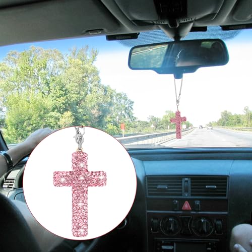 YALOJE Crystal Cross Car Rear View Mirror Charm, Bling Rhinestone Car Hanging Accessories, Automotive Interior Decoration Vehicle Rear View Mirror Pendant Ornament - Pink, 1pcs