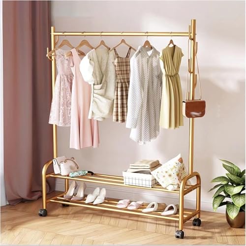 Perchero de metal portátil 3 en 1 resistente con ruedas, colgador de 2 capas para abrigos, vestidos, camisas y suéteres, almacenamiento en estante inferior, dorado, 47 pulgadas