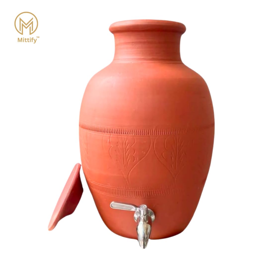 Pot d'eau fait main en terre cuite Rajasthani en acier inoxydable | Distributeur de terre 100 % écologique | Mitti ka Matka – 8 litres