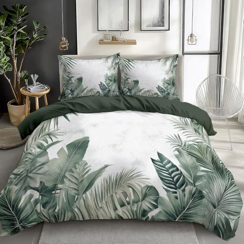 3D Duvet Cover Queen Size for Kids Teen Green Palm Leaf Plant Bedding Sets with 2 Pillowcase, Print Comforter Cover Teen Boys Girls Bedroom Decor Bed Cover 3 Piece