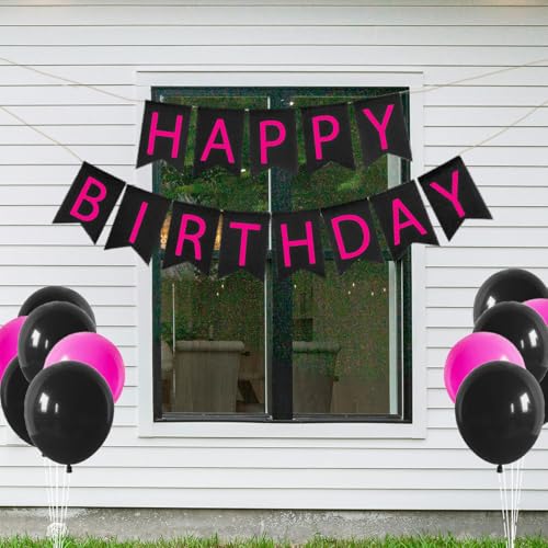 Happy Birthday Banner Hot Pink and Black Imitated Burlap Bday Sign Garland Decorations for Girls Women — view 6