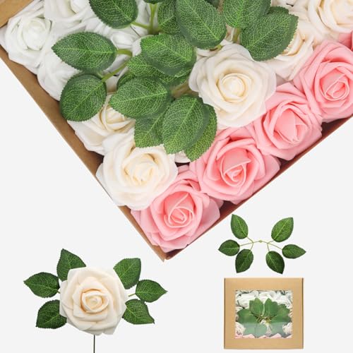 YEHLIABO Artificial Flowers Real Looking Foam Fake Roses, Rose Artificial Wedding Flowers Combo for Wedding Bouquets Centerpieces Flower Arrangements Decorations (Champagne Series, 50)