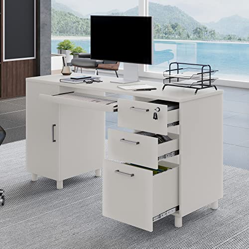 Modern Design By Crafts & Comfort Venice Computer Desk - Office Desk With 3 Drawers & Cpu Storage Cabinet - Laptop Workstation With Keyboard Tray & Cable Hole - Home & Office Supplies -White #TOP7