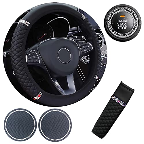 STEVE YIWU Diamond Steering Wheel Cover for Women, Leather Steering Wheel Cover Seatbelt Pads Cup Coasters With Rhinestone Ring Sticker Emblem, 5 Pieces Bling Car Accessories (Black)