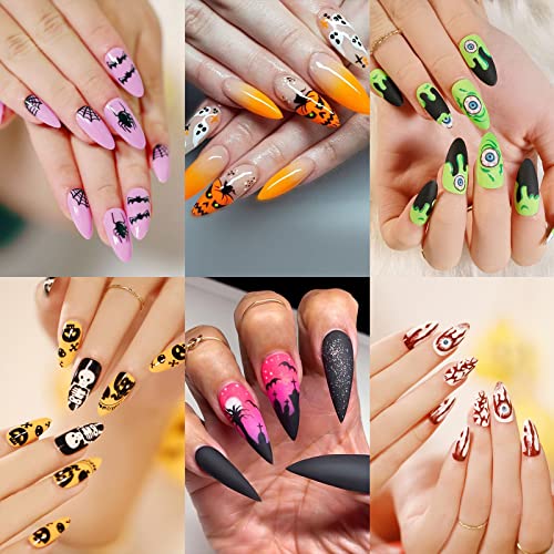 6 Packs (144 Pcs) Halloween Press on Nails Medium Design, Short Fake Nails Almond Glue on Nails Set for women
