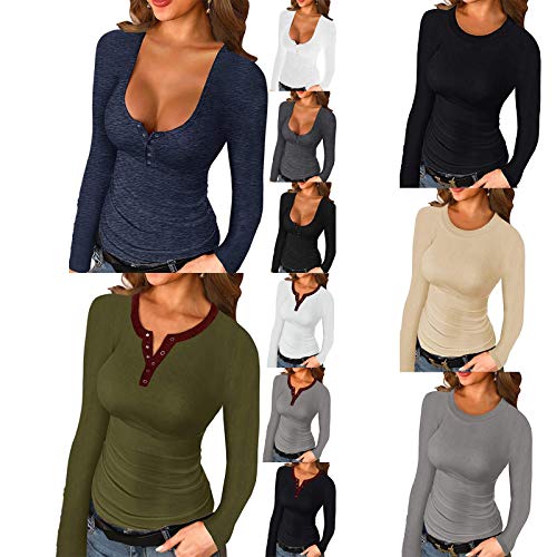 FFENYAN Womens Scoop Neck Henley Sweatshirts Low Cut Solid Sexy Fall Long Sleeve Button Down Shirts