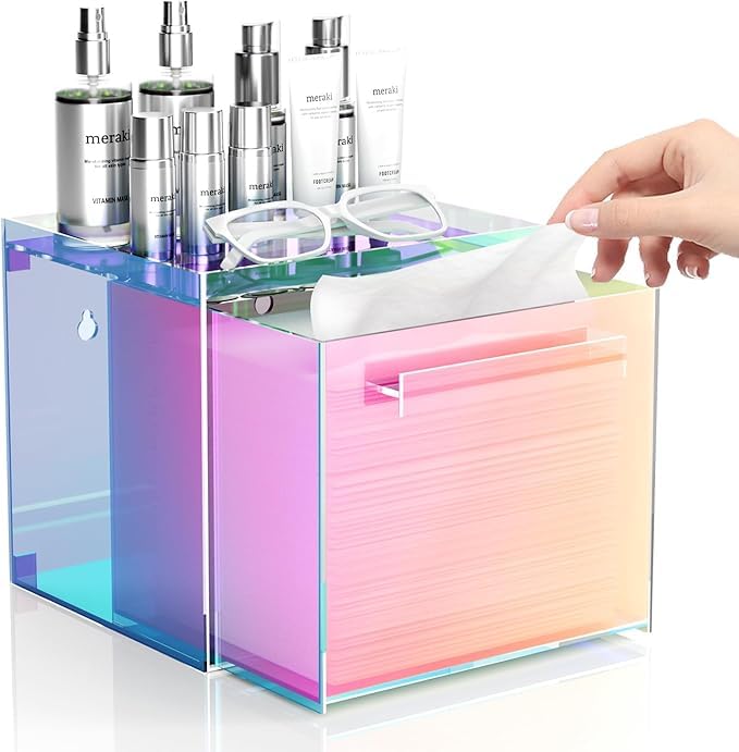 Rainbow Acrylic Disposable Facial Towel Storage Box compatible with Clean Skin Club Clean Towel, Wall-Hanging with Drawer, XL