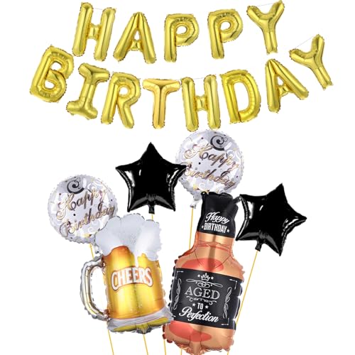 Image of Beer Cup Balloons Whiskey Bottle Beer Mug Shape Black Happy Birthday Mylar Foil Balloon 16 Inch Summer Party, Birthday Party Decorations for Women and Men (Gold Balloons)