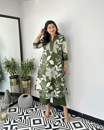 Image of LookMark Women's Floral Printed Cotton Blend 3 /4th Sleeve Knee Length V-Neck Kurta and Palazzo Set for Women