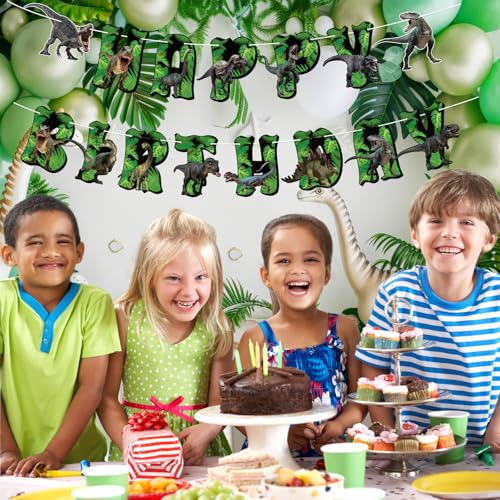 Image of Hooqict Dinosaur Birthday Party Banner Dinosaur Birthday Decorations Happy Birthday Banner Garland Sign for Kids Boys Girls 1st 2nd 3rd Baby Shower Dino Themed Party Decorations Supplies