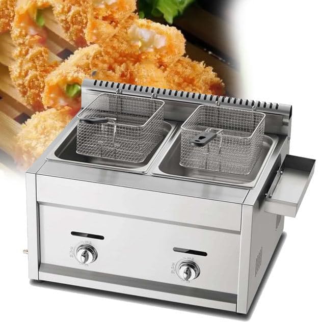 Freidora de gas GLP de doble cubeta | Freidora profunda de acero inoxidable de 9 L x 2 L con cubierta de cesta y manguera de gas de metal para restaurante y cocina en casa