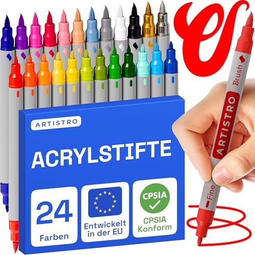 Artistro Acrylfarbenstifte, Kunstset, Acrylfarbenmarker mit Doppelspitze, Acrylmarker für Stoff, Leinwand, Stein, Glas, Holz, Papier, Heimwerken (Doppelspitze + fein, 24)