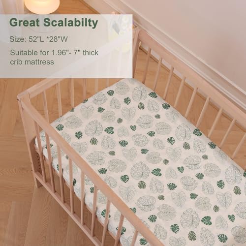 Image of Muslin Crib Sheets for Girl Boy, 2 Pack 100% Cotton Crib Sheet for Standard Crib Mattress(28 inchx 52 inch), Fitted and Soft Breathable Crib Mattress Sheet, 360 Wrapping (Monstera & Dark Green)