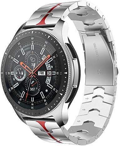 RABUZI Compatible for Samsung Galaxy Watch 3 45mm/46mm bands,22mm Enamel Process Stainless Steel Metal Watch Strap Compatible Samsung Watch 3 45mm,Gear S3 Frontier/Classic Smartwatch,Silver+Red