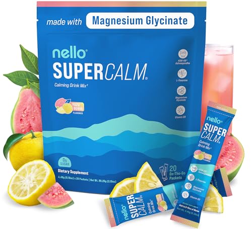 Image of Nello Supercalm Powdered Drink Mix, Cortisol Reducer* and Sleep Aid Supplement, L Theanine, Ksm-66 Ashwagandha, Magnesium Glycinate, Vitamin D 3, No Sugar, Non GMO, On The Go, 20 Ct, Yuzu Guava